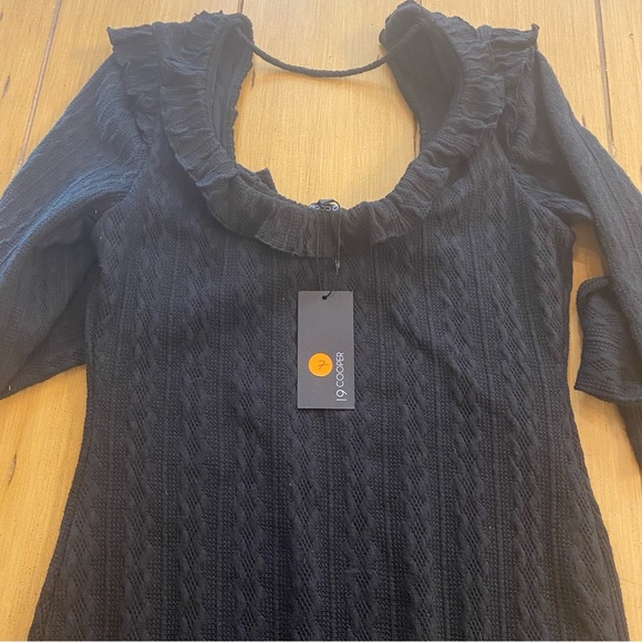 Women's Black Cable knit Midi Sweater Dress Ruffled Collar Textured New Medium - Picture 3 of 16